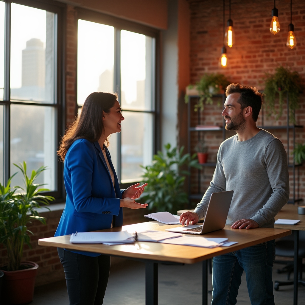 Wide-angle view of a bright Atlanta co-working space with two nonprofit professionals in their forties collaborating at a standing desk, city skyline visible through large windows in warm afternoon light