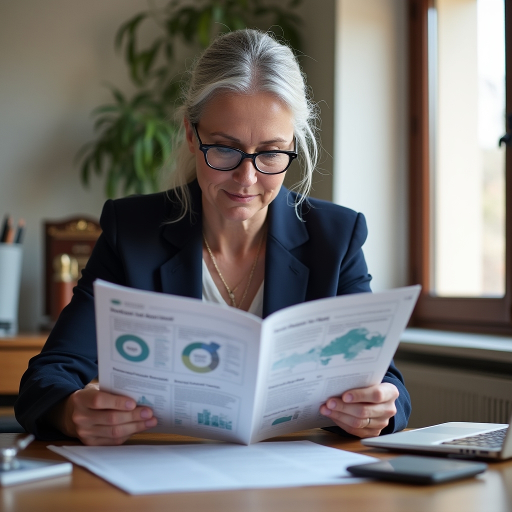 A woman in her fifties with reading glasses reviewing a nonprofit impact report at a tidy office desk, natural daylight coming through a window, relaxed and focused expression