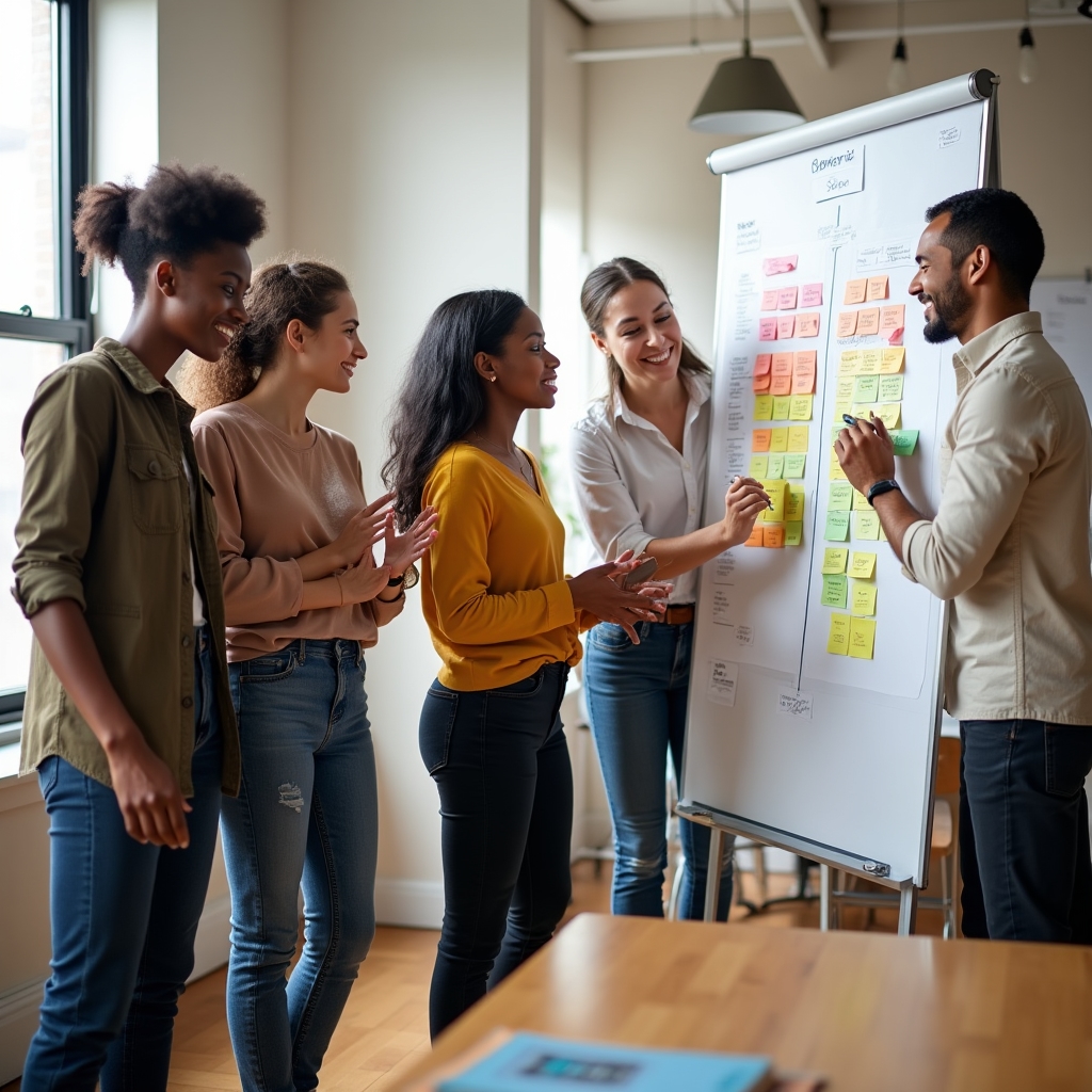 A diverse group of five nonprofit professionals in their thirties and forties gathered around a large whiteboard covered in sticky notes mapping out program metrics in a bright open workspace