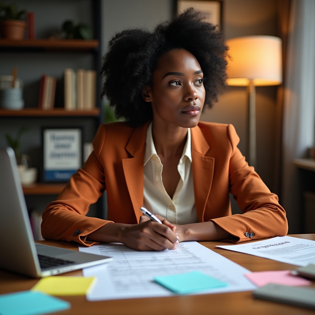 Nonprofit program manager in her mid-thirties working at a wood desk surrounded by program files and a laptop